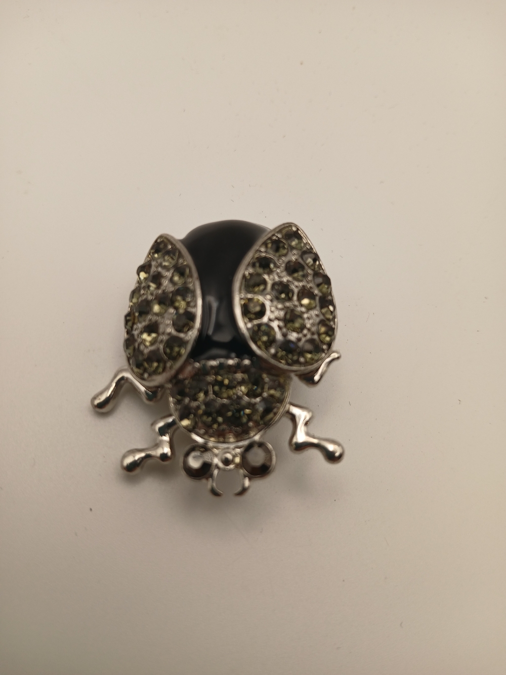 Black Enamel Rhinestone Beetle Brooch Silver Tone Insect Pin Smoky Crystal Bug